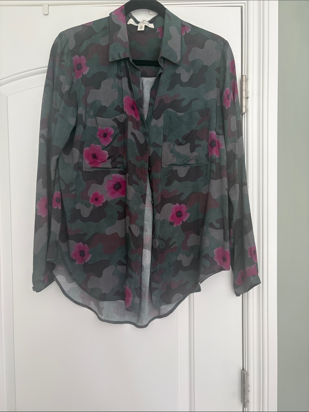 Anthropologie Floral Camo Blouse in Olive, Gray & Pink
